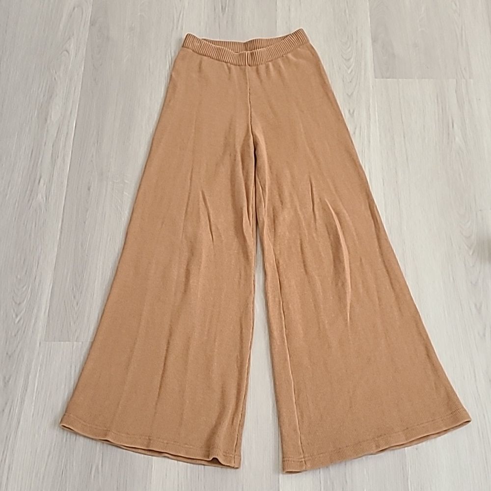 Raised By Water Wide Leg Mustard Brown Knit Palazzo Pants Small High Waist - Picture 2 of 7
